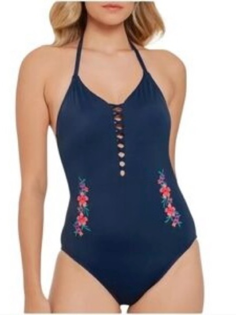 Time and Tru Floral Embroidered One Piece Swimsuit Blue Size L 12-14